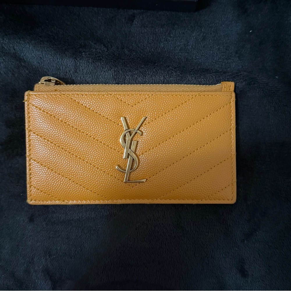 Saint Laurent Mustard Yellow Zip Card Holder with Gold Hardware